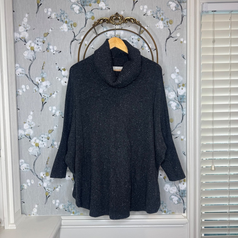 LOFT Womens Large Charcoal Gray Flecked Cowl Neck Sleeve Pullover Sweater
